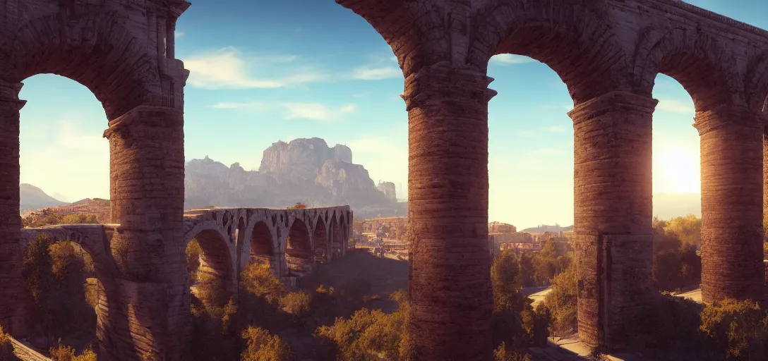 Image similar to epic view of giant roman aqueduct over beautiful italian city, clear blue skies, mountains and hills in the far background distance, unreal engine, dramatic lighting, detailed, ambient occlusion, global illumination, god rays, 3 d artstation render by greg rutowski and jessica rossier