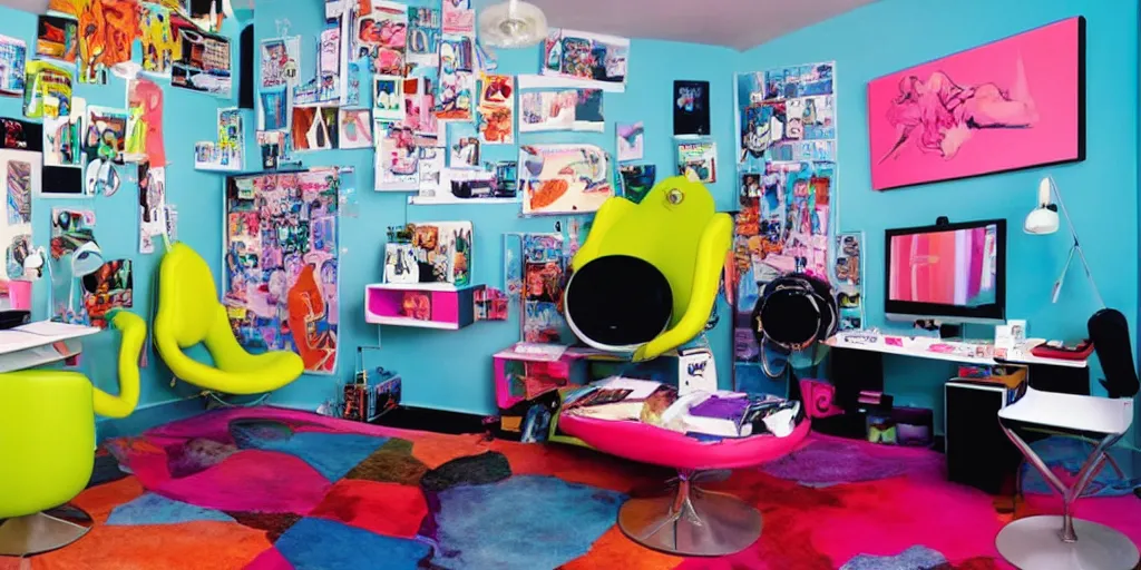 Image similar to a teens room in the 90s with inflatable neon chairs and posters on the walls, an old CRT in one corner