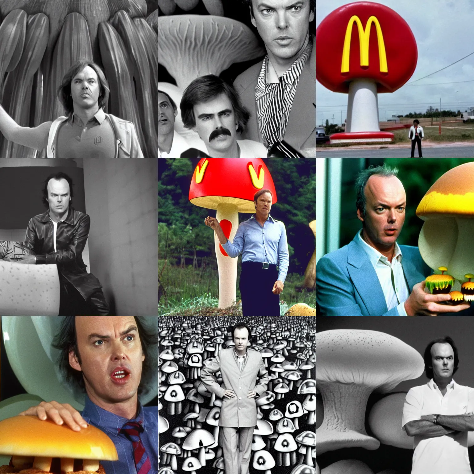 Prompt: Michael Keaton as The Founder of the first McDonald's emerging from giant mushroom 1981