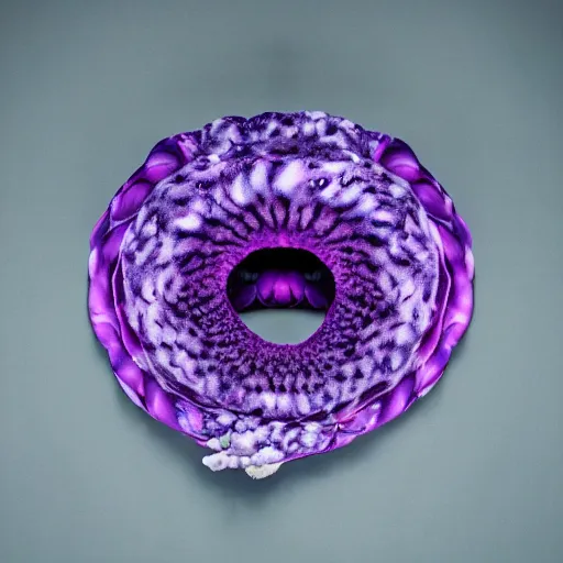 Image similar to Deep imprint flower core, our ouroborous devours it's tail by Rick Baker, black, neon purple, Hyperreal, Photographed in the Style of Annie Leibovitz, Studio Lighting