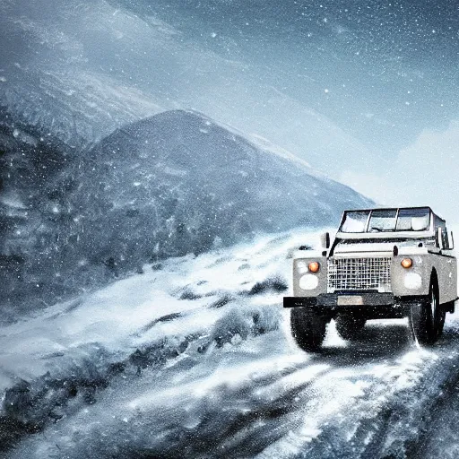 Prompt: a landrover crossing the alps while its snowing, digital art, artstation, photgraphy