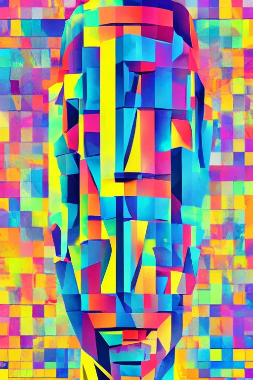 Image similar to cubist moai statue cutout digital illustration cartoon colorful beeple