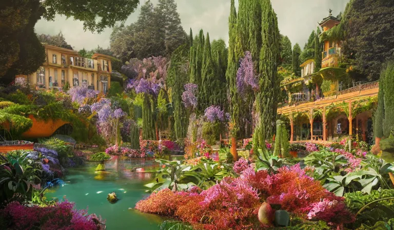 Prompt: dreamlike VILLA D'ESTE GARDENS fantasycore, glossy painting, Art Nouveau Cosmic 4k Detailed Matte Illustration featured on Getty Images ,CGSociety, Jade and Carrot orange color scheme, Pastiche by Marc Simonetti, Pastiche by Cedric Peyravernay