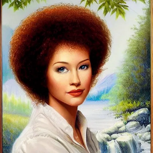 Prompt: Portrait of a most beautiful woman in the world, Bob Ross painting, highly detailed