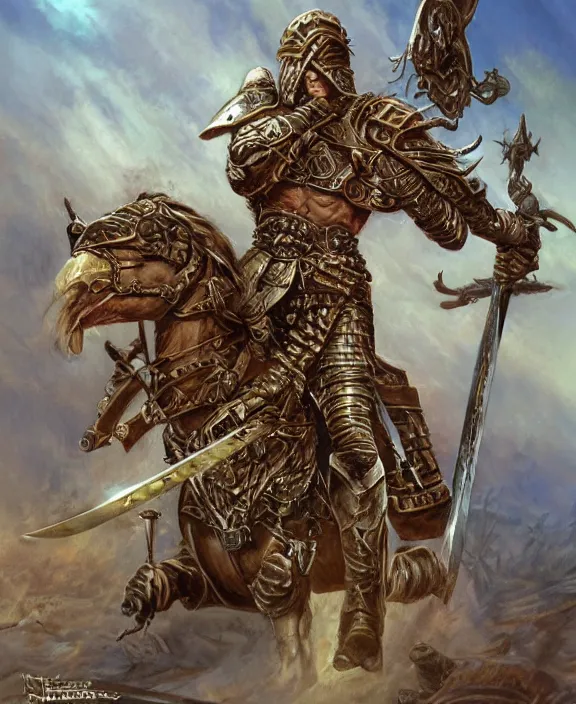 Image similar to battle - worn warrior with legendary sword, fantasy, man, cool armour, intricate, highly detailed, digital painting, artstation, concept art, wallpaper, smooth, sharp focus, illustration, art by larry elmore, jeff easley, clyde waldwell, keith parkinson, daniel r horne