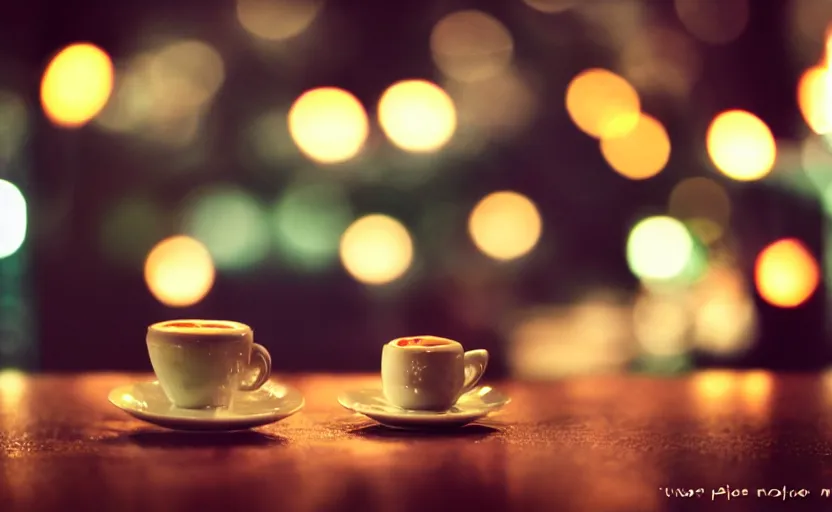 Prompt: mini cafe diorama macro photography, [ [ bokeh lights ] ], ambient, atmospheric photograph