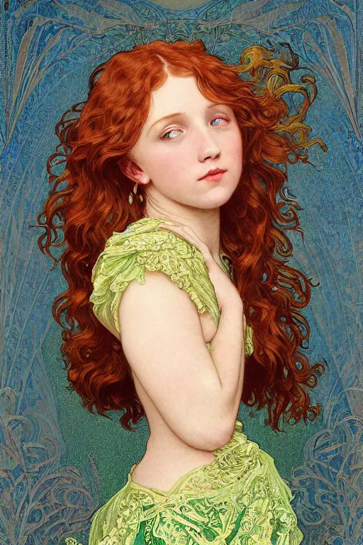 Prompt: intricate art nouveau oil painting of redheaded young millie bobby brown with long hair blowing in the wind, wearing an intricate green lace dress, highly detailed, intricate golden symmetric pattern background, elegant, digital painting, smooth, sharp focus, illustration, ultra realistic, 8 k, by bouguereau, alphonse mucha, artgerm, and donato giancola