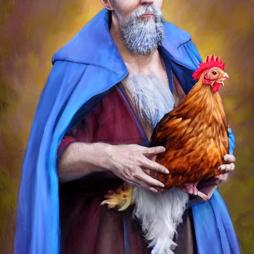 Image similar to a portrait of a wizard holding his pet chicken in his hands by Tony Sart, confused facial expression, blue robe, long white beard, frizzy hair, ArtStation, realistic, detailed