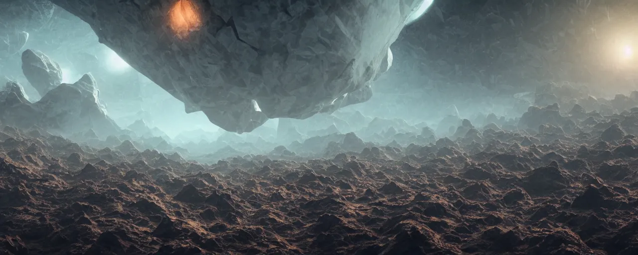Image similar to movie still, angular minimalist obsidian asteroids, cell automata, unreal engine, octane render, detailed and intricate, cloudy, global illumination, volumetric lighting, hubble telescope images, james webb telescope images, detailed and intricate environment, color graded