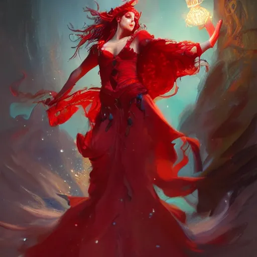 Image similar to a beautiful artwork of a scarlet sorceress performing magic, by raymond swanland and jesper ejsing, featured on art station, lighting study, concept art, beautiful composition, rim light