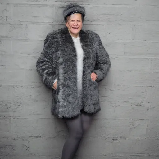Prompt: old formal woman in a gray fuzzy fur coat, white brick basement wall backdrop