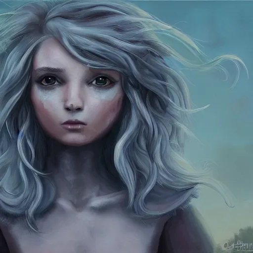 Prompt: a highly detailed painting of a adorable fantasy creature with grey hair in a field concept art