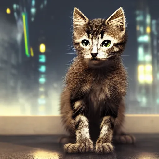 Image similar to full body pose, hyperrealistic photograph of a cyberpunk kitten, dim volumetric lighting, 8 k, octane beautifully detailed render, extremely hyper detailed, intricate, epic composition, cinematic lighting, masterpiece, trending on artstation, very very detailed, stunning, hdr, smooth, sharp focus, high resolution, award, winning photo, dslr, 5 0 mm