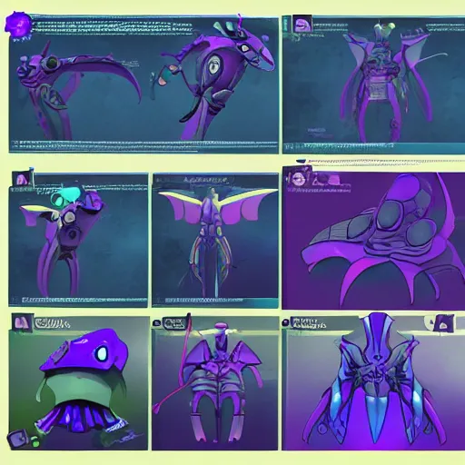 Prompt: character design sheets for an ancient manta ray biomech suit, art by tim shafer from his work on psychonauts 2 by double fine, and inspired by splatoon by nintendo, blacklight, winged