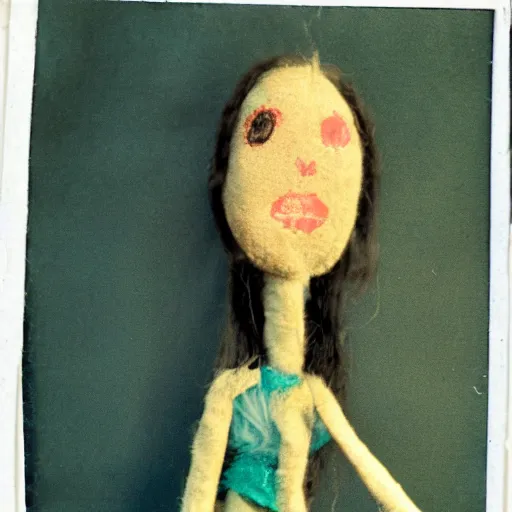 Prompt: a puppet made of human hair, old photo, expired color film, damaged photo, 1975