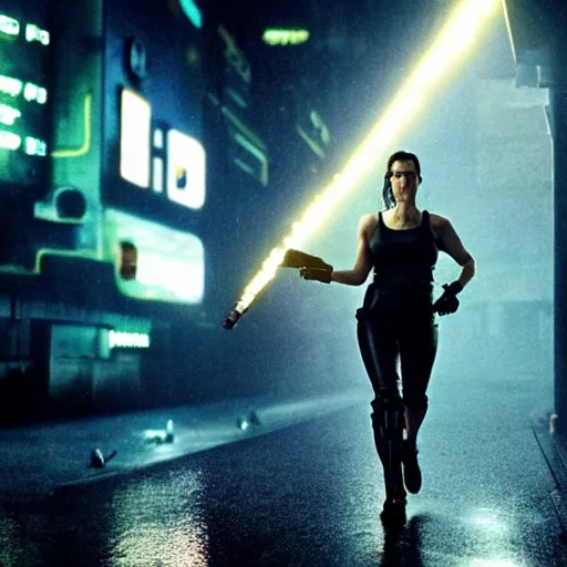 Prompt: jennifer connelly starring in a cyberpunk movie in a distopic futuristic city in the style of bladerunner, wearing a cropped black tank top, black boy shorts and black boots, firing a gun, muzzle flash, movie still, highly detailed, rainy night, volumetric lights, dramatic, scifi, sharp focus