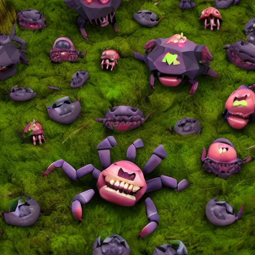 Image similar to voidless of the festival!, The Graveyard!!, large group of crabs and worms, crawling along a bed of moss, low poly, creeper world, handcrafted, artstation, hyperrealistic, hard light, best practices, creeptastic, photorealism, macro perspective, cuddly