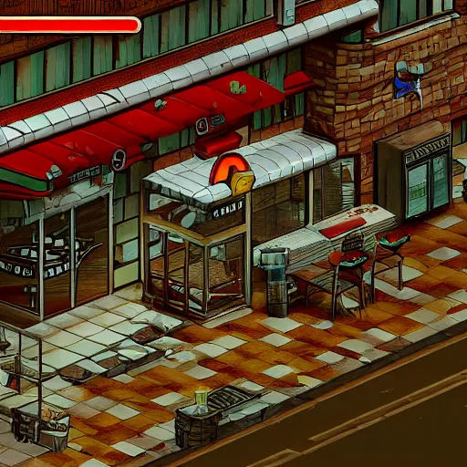 Prompt: Screenshot of McDonald restaurant in Fallout 2 (1998), isometric perspective, postapocalyptic, bird's eye view, high quality