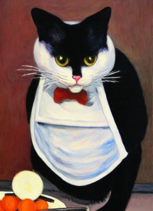 Prompt: tuxedo cat in chef costume chews on a wax plant, oil painting, by monet