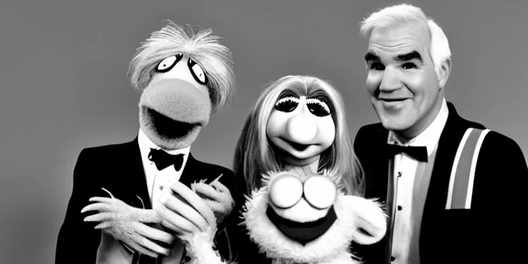 Image similar to Photoreal Cinematography of a photorealistic muppet version of Debbie Harry hosting The Muppet show, standing with with Steve Martin with a photo accurate photorealistic face