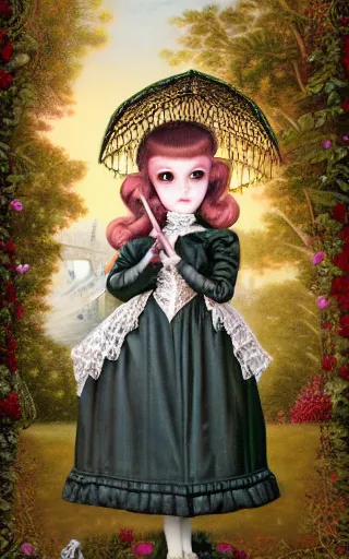 Prompt: A full-body portrait of a dollfie wearing victorian clothes and holding a lace parasol in an overgrown baroque palace courtyard, artwork by mark Ryden and Jasmine Becket-Griffith, 4k insane detail, pop surrealism