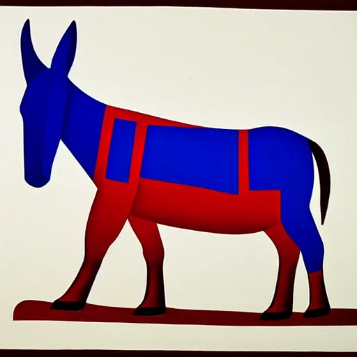 Image similar to lithograph side view of standing donkey against white background, duotone, cycladic sculptural style, full body, flat colors, iconic, simplified, ultramarine blue and red iron oxide