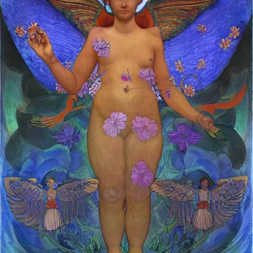 Image similar to the flower god, by Annie Swynnerton and Nicholas Roerich and Diego Rivera, bioluminescent skin, tattoos, wings made out of flowers, elaborate costume, geometric ornament, symbolist, cool colors like blue and green and violet, smooth, sharp focus, extremely detailed