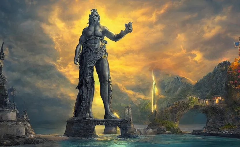 Image similar to A large statue of a wizard guarding the entrance to a port, landscape art, concept art, fantasy, inspiring, colossus of rhodes, bright lighting, colorful