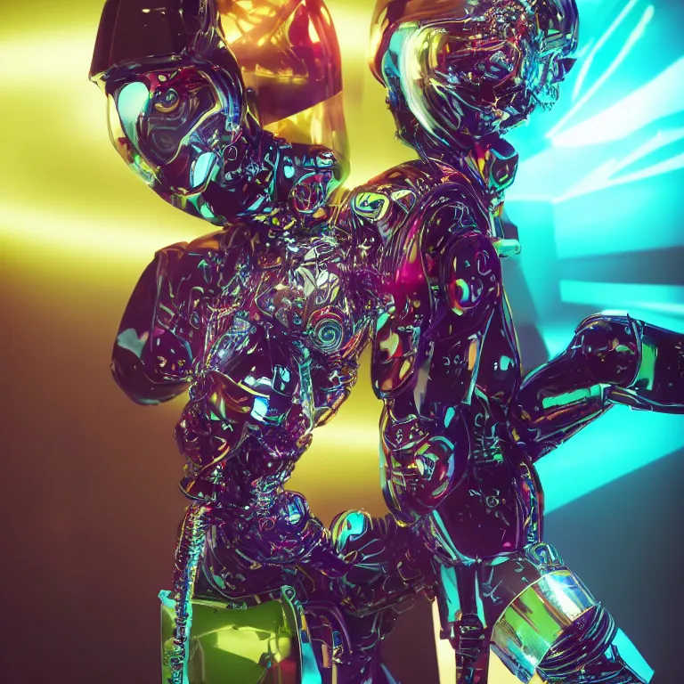 Prompt: high fashion photoshoot octane render portrait by wayne barlow and carlo crivelli and glenn fabry, subject is a robotic colorful neon glowing futuristic black ops tactical astronaut sitting in the corner of a high - end exotic colorful pastel vintage boutique hotel lounge, very short depth of field, bokeh