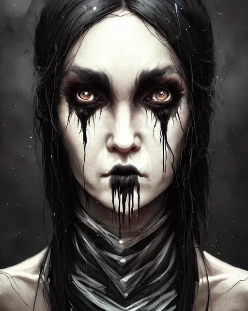 Image similar to professional ominous concept art portrait of a character with black ink makeup and black eyeballs by artgerm and greg rutkowski. an intricate, elegant, highly detailed digital painting, concept art, smooth, sharp focus, illustration, in the style of simon stalenhag, wayne barlowe, and igor kieryluk.