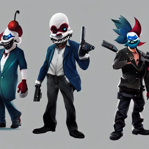 Image similar to payday 2 characters in rayman legends concept art, ultra realistic, 4 k, octane render, real life characters, high detailed