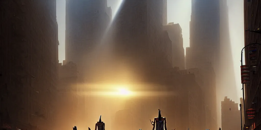 Image similar to an egyptian god walking the streets of new york, god rays, digital art, landscape, fantasy art, octane render, unreal engine, high detail, very realistic, by greg rutkowski. by james gurney