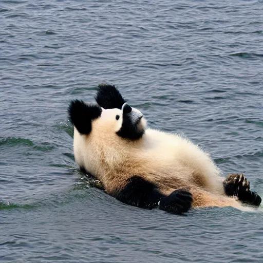 Prompt: panda caught in fishing net, zenith view,