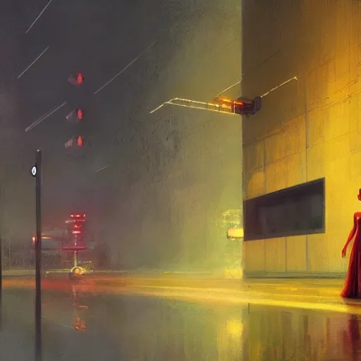 Image similar to detailed portrait of an elegant graceful yet lonely robot, electronic billboards, tech noir, wet reflections, atmospheric, ambient, livia prima, greg rutkowski, edward hopper, pj crook