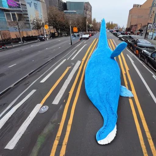 Prompt: photo of a life sized needle - felted blue whale crossing the street