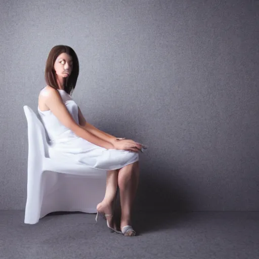 Image similar to a woman in a white dress sitting in a chair, volumetric lighting, photorealistic, criterion collection, featured on cg society, shutterstock contest winner, award - winning photograph, mysterious