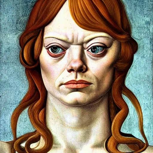 Prompt: emma stone as gollum, elegant portrait by sandro botticelli, detailed, symmetrical, intricate