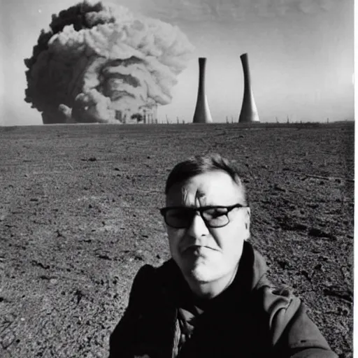 Image similar to last human selfie,horror , nuclear explosion in background