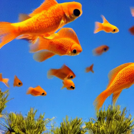 Image similar to oasis in the desert, many goldfish fly in the sky