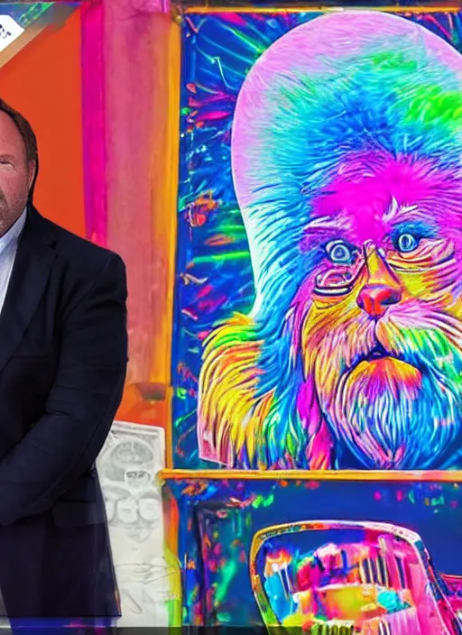 Prompt: disheveled alex jones on the stand in court by lisa frank, ultra realistic, 8k