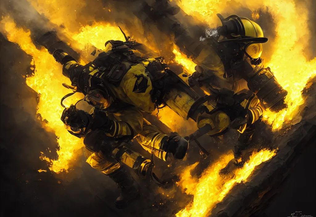 Image similar to one heroic firefighter in action in black and yellow uniform, fire flames, sharp details, sharp focus, photorealistic, octane, hyper detailed, trending on deviantart, illustration, by jordan grimmer and greg rutkowski and pine ( ハイネ ), intricate