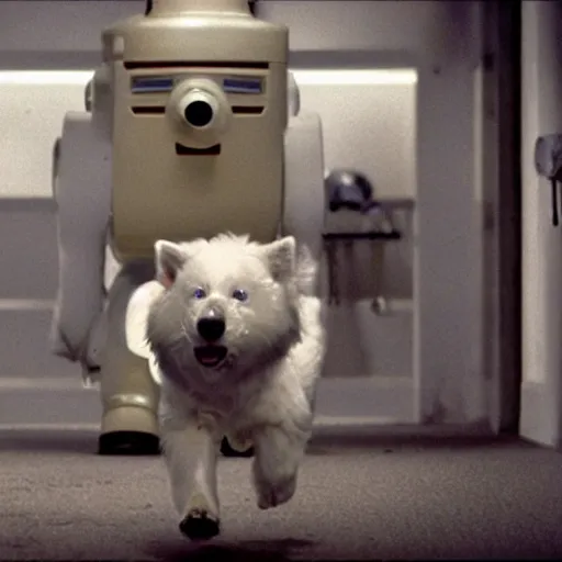 Image similar to movie still of robot white swiss shepperd dog, cinematic composition, cinematic light, criterion collection, by edgar wright