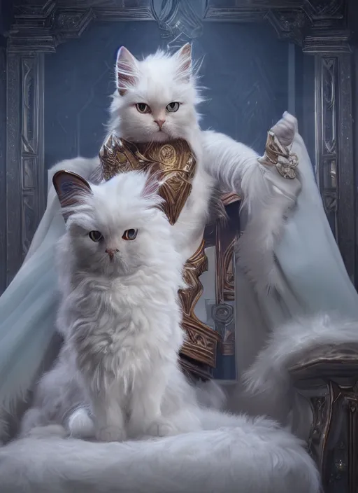 Prompt: An epic fantasy comic book style portrait painting of a white persian cat queen in throne, unreal 5, DAZ, hyperrealistic, octane render, cosplay, RPG portrait, dynamic lighting