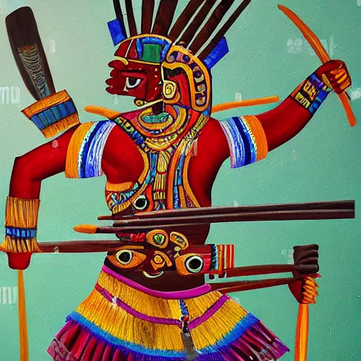 Image similar to detailed painting of a mayan warrior with a crossbow detail intricate exquisite colorful