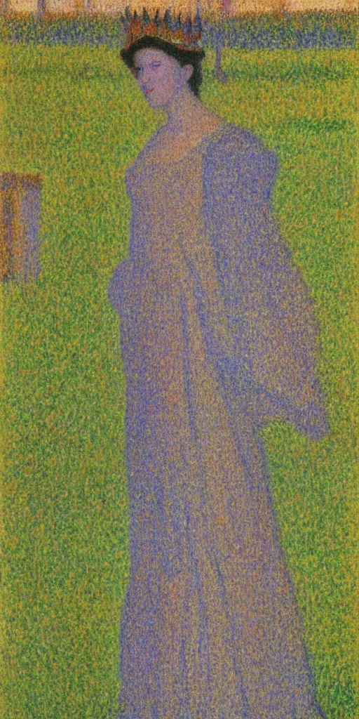 Image similar to a film still of vulvina about a queen in love with the death,, painted by georges seurat, impressionism, pointillism, detailed