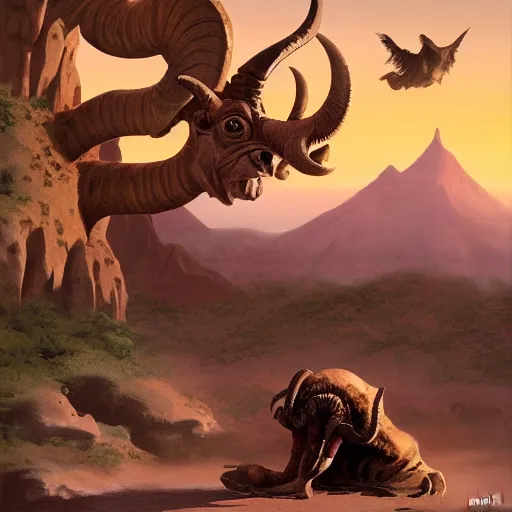 Image similar to ram caught with its horn in a bush. Desert mountain background. Sunrise. digital painting, by Frank Frazetta and Yusuke Murata, concept art, highly detailed, promotional art, HD, digital painting, trending on ArtStation, golden ratio, rule of thirds