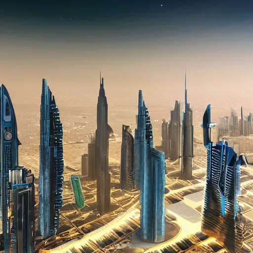 Prompt: futuristic skyline of dubai in the year 2 0 5 0 inspired by cyberpunk with flying spider drones