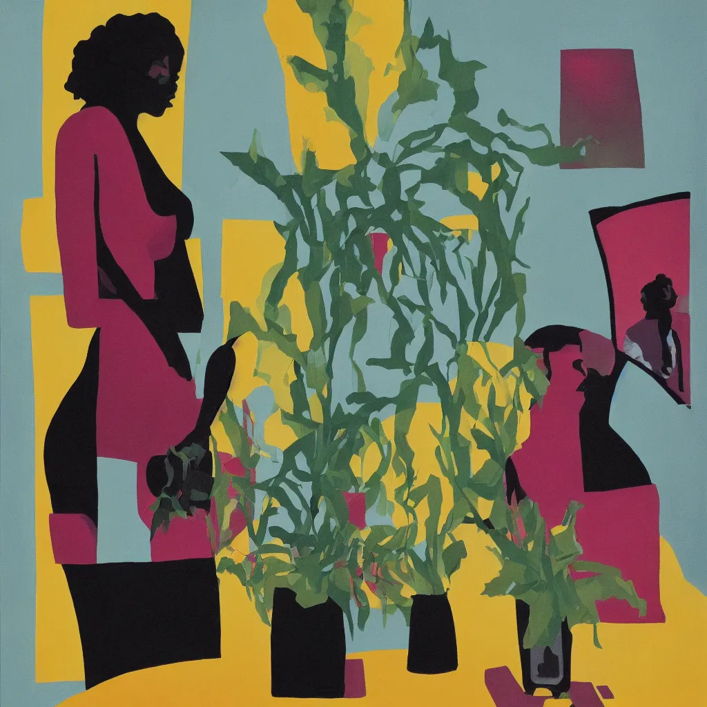 Prompt: a black female doctor in exam room, natural light window, plants in glass vase, acrylic on canvas, abstract, by aaron douglas