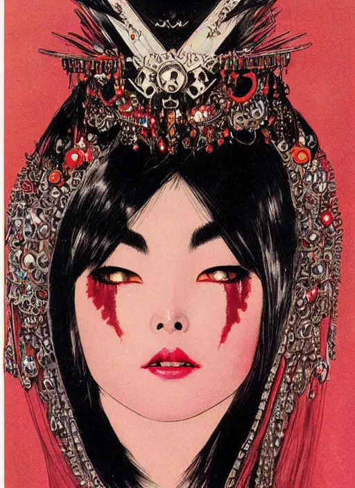 Image similar to female korean vampiress, jeweled headdress, heavy mascara, strong line, saturated color, beautiful! coherent! by frank frazetta, high contrast, minimalism