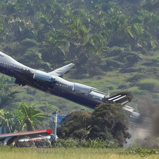 Prompt: a boeing 747 crashing into the moyai heads